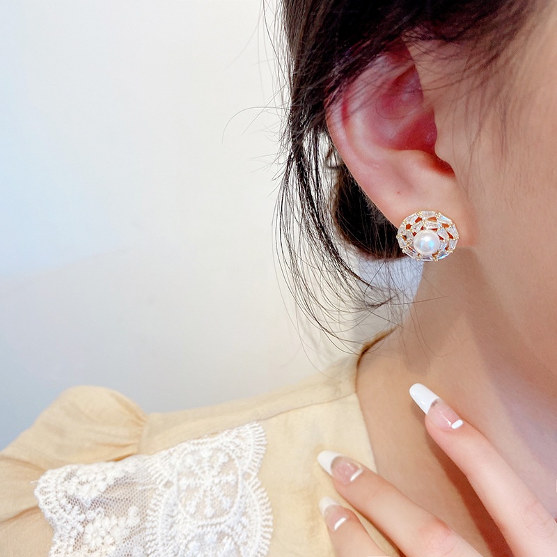 Shuling S925 silver needle Zircon Stud Earrings Cute Circle Earrings Female High Sense Pearl Earrings