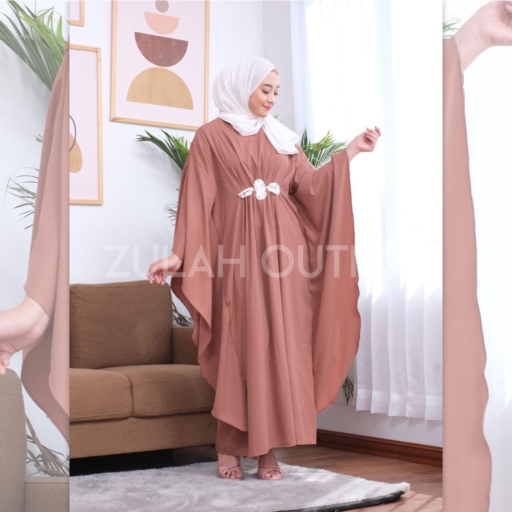 Kaftan Zarina Kondangan Lebaran Polos Kalong Renda Bunga / Gamis Kelelawar Pesta Wanita Elegan Mewah