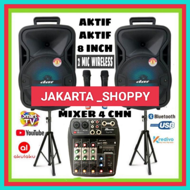 Paket Sound Aktif 2 Dat 8 Inch Mixer Karaoke Bluetooth 2 Mic Wireless Plus 2 Stand Speaker