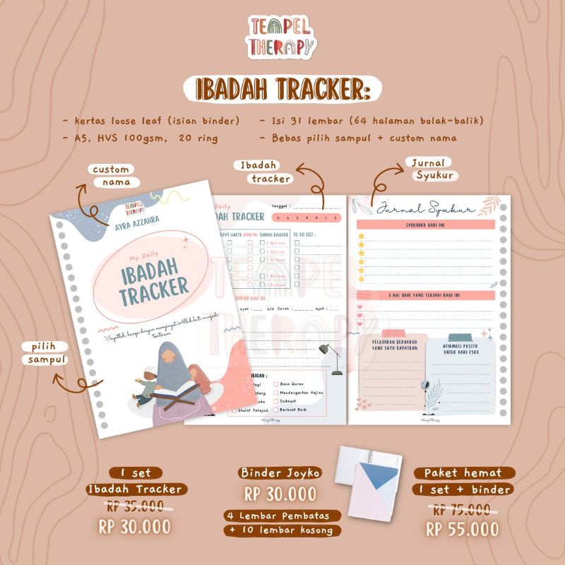 TEMPEL THERAPY Daily Ibadah Tracker Jurnal Syukur/ Muslim Planner / Binder Loose Leaf A5