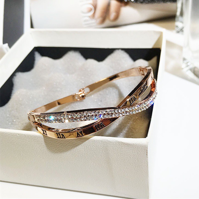 Gelang Titanium Premium Lapis Rose Emas 18k ANTI KARAT Wanita Perhiasan Pasangan Bangle-2