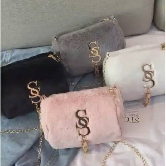 Ready Pengiriman Malang Tas Cewek Logo SS / Tas Bulu   / Sling Bag / Tas Batam import