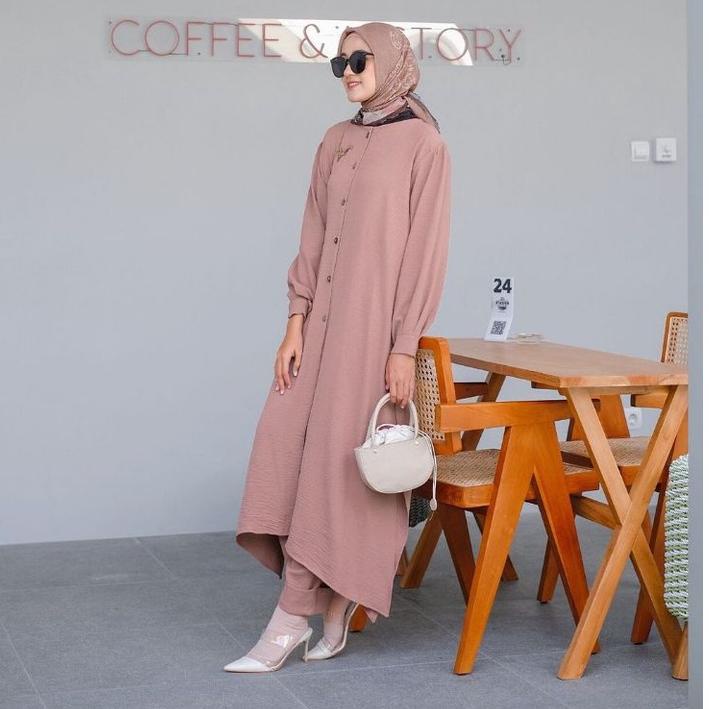 Vente Daily Divya Oneset / Setelan Muslim Wanita Long Tunik Full Kancing LD 116 / One Set Jumbo Crin
