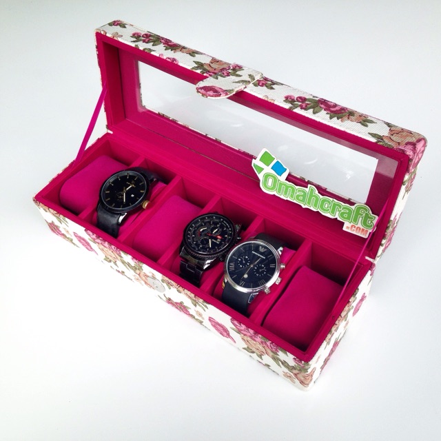 Kotak Jam Tangan isi 6 Motf BUNGA PINK / box Tempat Jam Tangan Watch Box Organizer