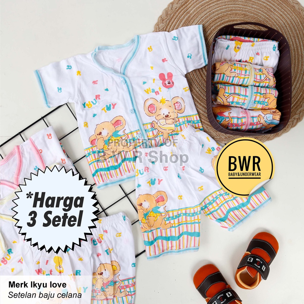 [ 3 setel ] Setelan Ikyu Love PENDEK MOTIF | Baju Bayi + Celana Pendek Kado Lahiran Hampers - Bwr IX