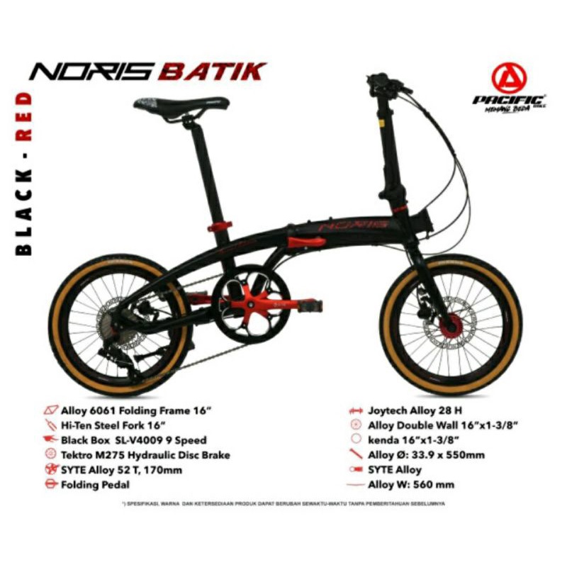 Sepeda Lipat 16 inch Noris Batik Alloy 9 Speed Double Disc Hidrolik Garansi Pacific