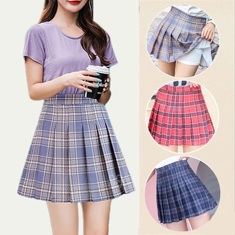 Korean Mini Skirt Preppy Plaid Rok Lipit Motif Kotak Kotak 2145 (S-XXL)