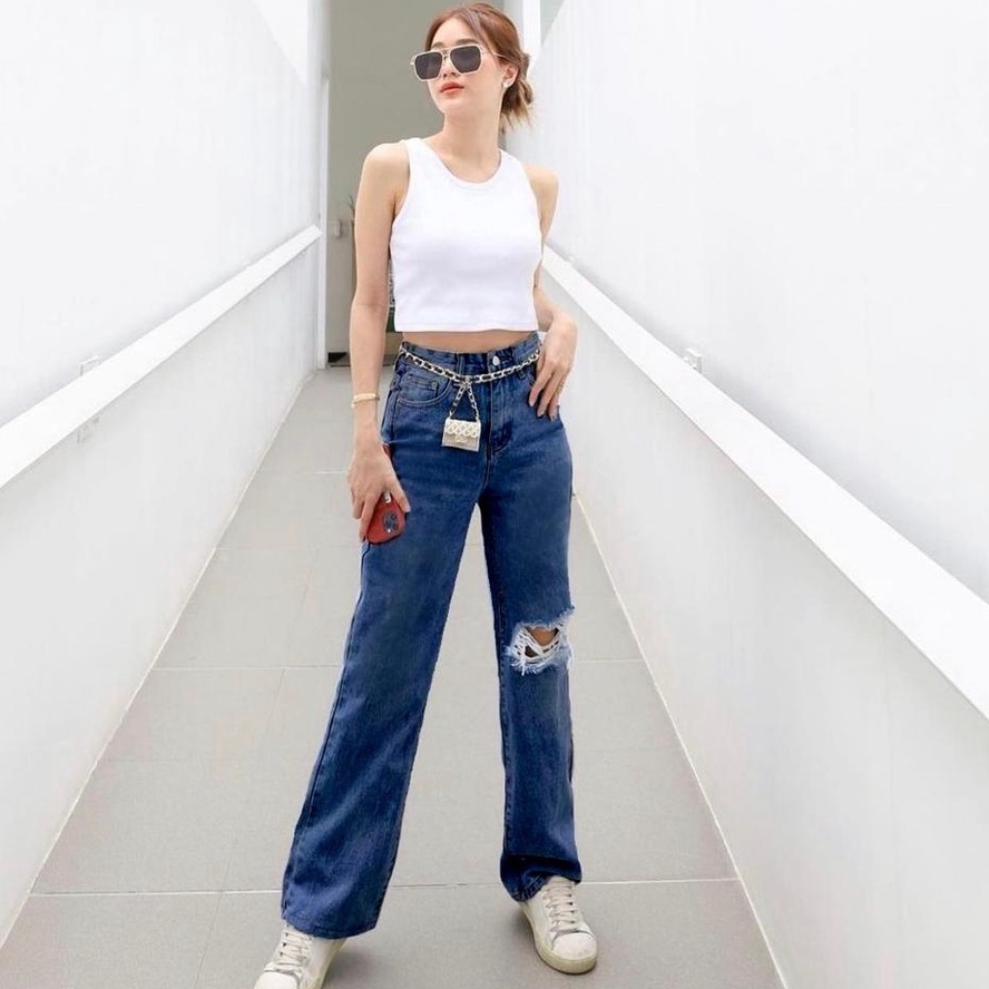 HOPYLOVY Celana Panjang Kulot Jeans Highwaist Sobek Long BF Ishika Loose Jeans