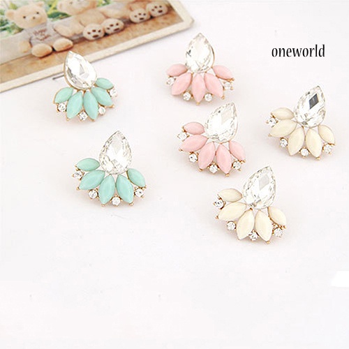 OW@ Women's Korean Style Teardrop Leaf Inlaid Rhinestone Earrings Ear Studs Jewelry