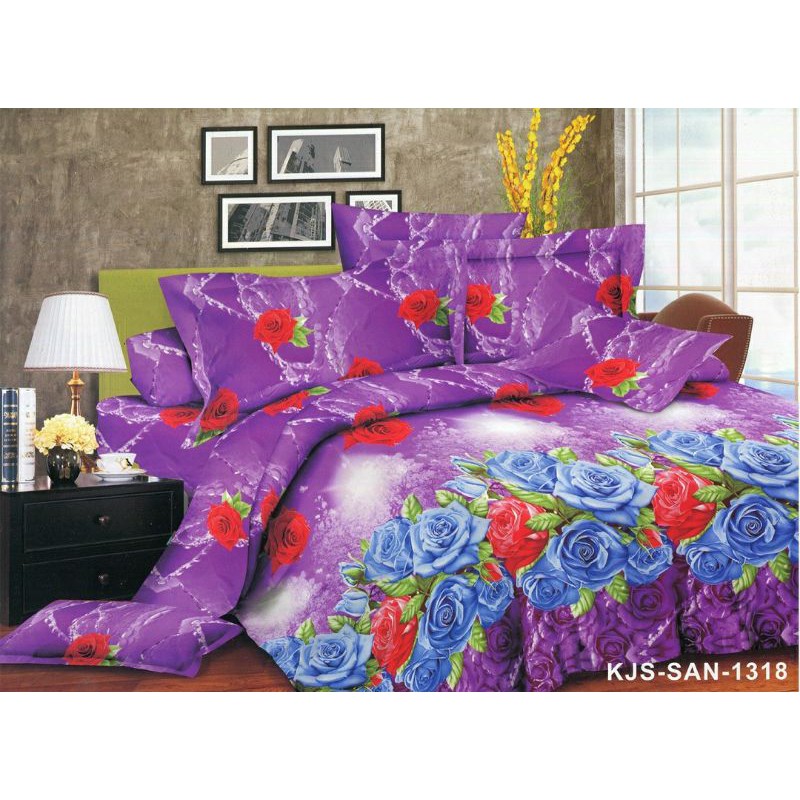 Sprei Disperse Ungu Bunga Mawar Biru Merah