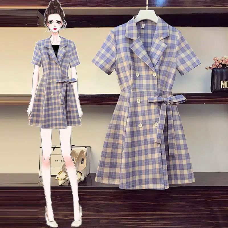 dress lengan pendek gaya korea motif kotak kotak