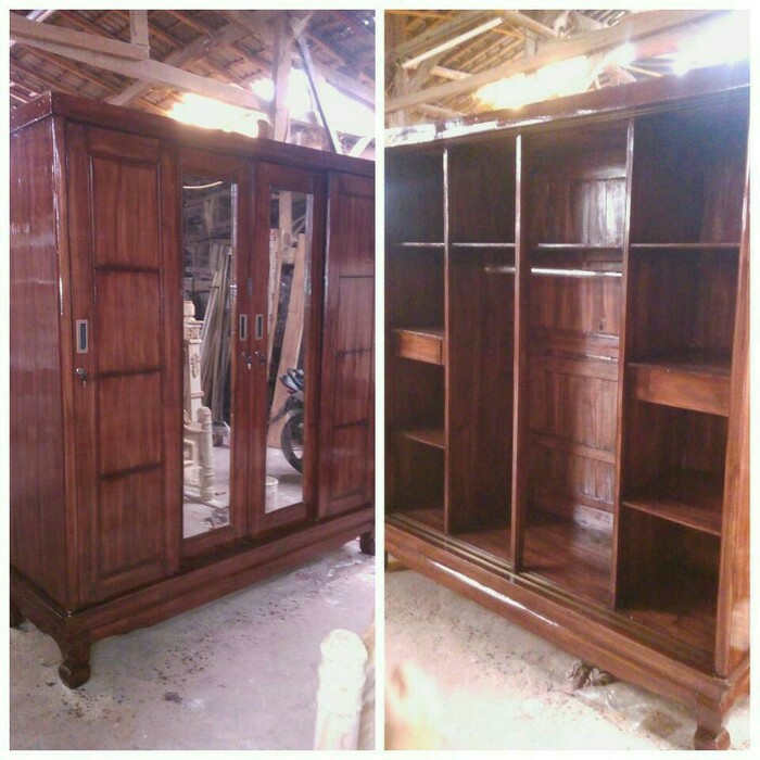 lemari pakaian 4 pintu sliding kayu jati asli