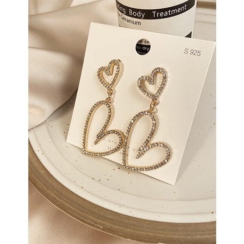 LRC Anting Tusuk Fashion Golden Double Love Diamond Hollow Earrings V33013