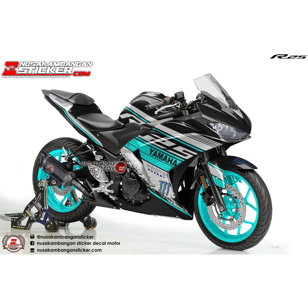 Decal stiker Yamaha R25 Monster Racing Hitam biru Elegant