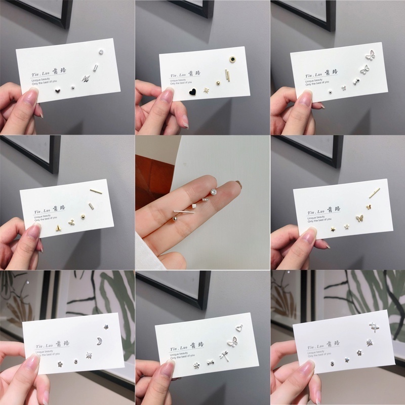 Papaozhu 5 Pcs Korea s925 Perak CZ Zirconia Bar Butterfly Stud Earrings Set Untuk Wanita Perempuan Sehari-Hari Perhiasan Telinga