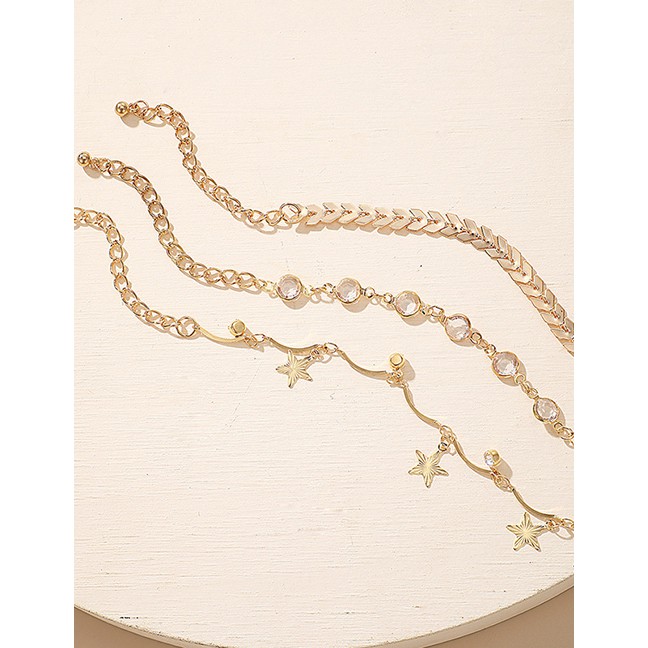 LRC Gelang Tangan Fashion Gold Color Five-pointed Star Diamond Leaf Alloy Anklet Set  K98560