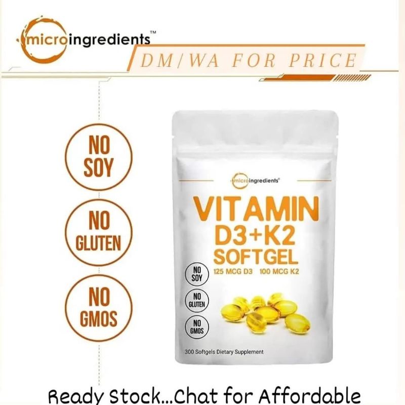 Vitamin D3+K2 Softgel 125 mcg D3 (5000 IU) + 100 mcg K2 Softgels Microingredients Daya tahan tubuh d