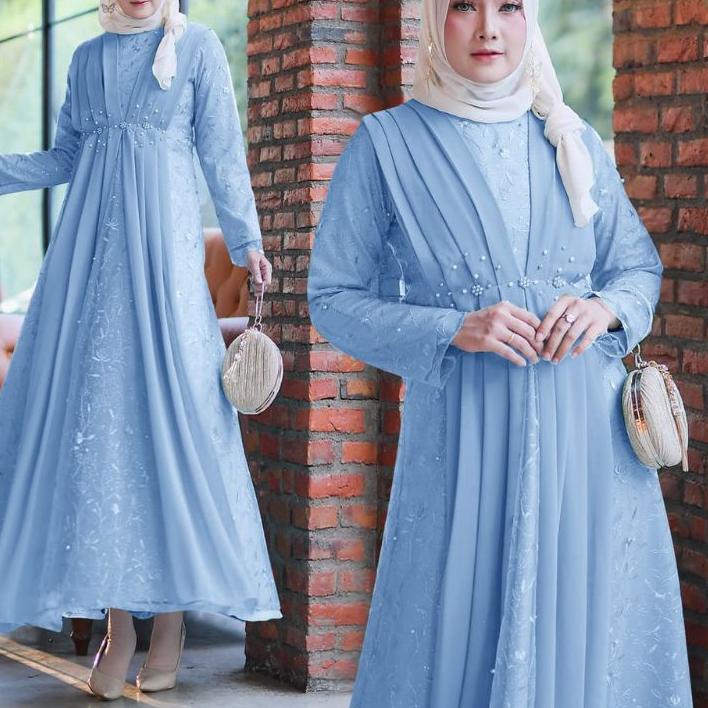 TERBAIK BAJU GAMIS DRESS REMAJA DEWASA UMROH NAIK HAJI PESTA NIKAH KONDANGAN SERAGAMAN BRIDESMAID  FULL BROKAT BRUKAT TER IMPORT LAYER DEPAN TILE PREMIUM UKURAN S M L XL XXL JUMBO WANITA MUSLIM MAXI MAXY MASYA WARNA BIRU BLUE MUDA OCEAN LAUT LANGIT SKY T5