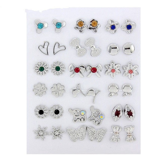 36Pairs Gold Silver Flower Stud Earring,Crystal Bear Heart Earrings, Mixed Styles Stud Earrings