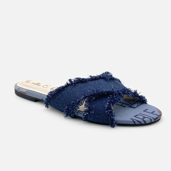 La Vita E Bella Azure Sandal Slip Teplek Wanita Model Cross Tassel Rumbai - [LP507]