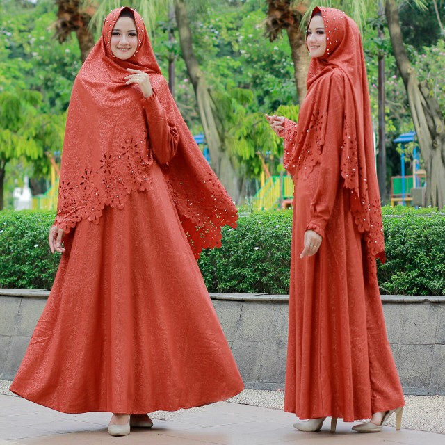 TERLARIS Setelan baju gamis maxmara polos brick / gamis bata / syari hijab set