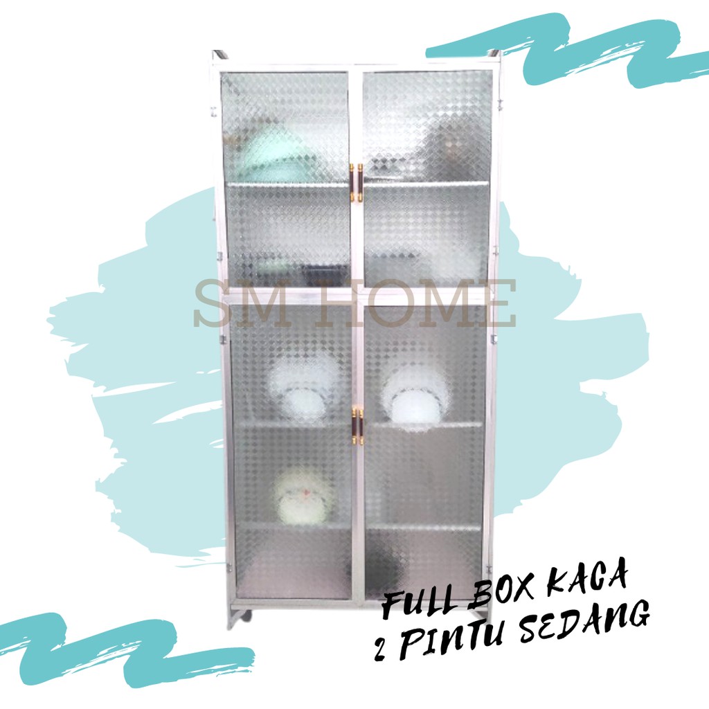 Rak Piring Aluminium Lemari Piring 2 Pintu Full Kaca Full Box Sedang BAWAH KERAMIK Rak Dapur