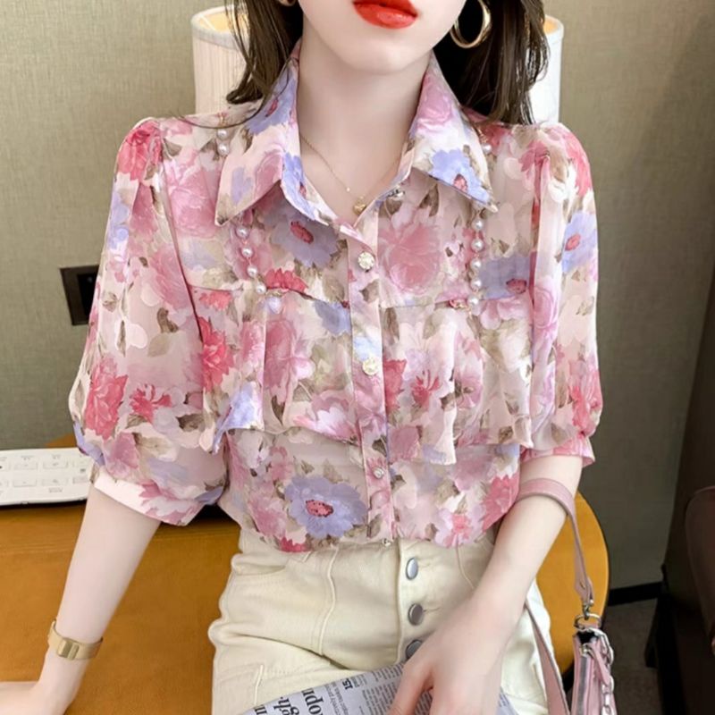 7842 BAJU ATASAN BLOUSE MOTIF BUNGA FLOWER LENGAN PENDEK SIFON KOREAN STYLE WANITA