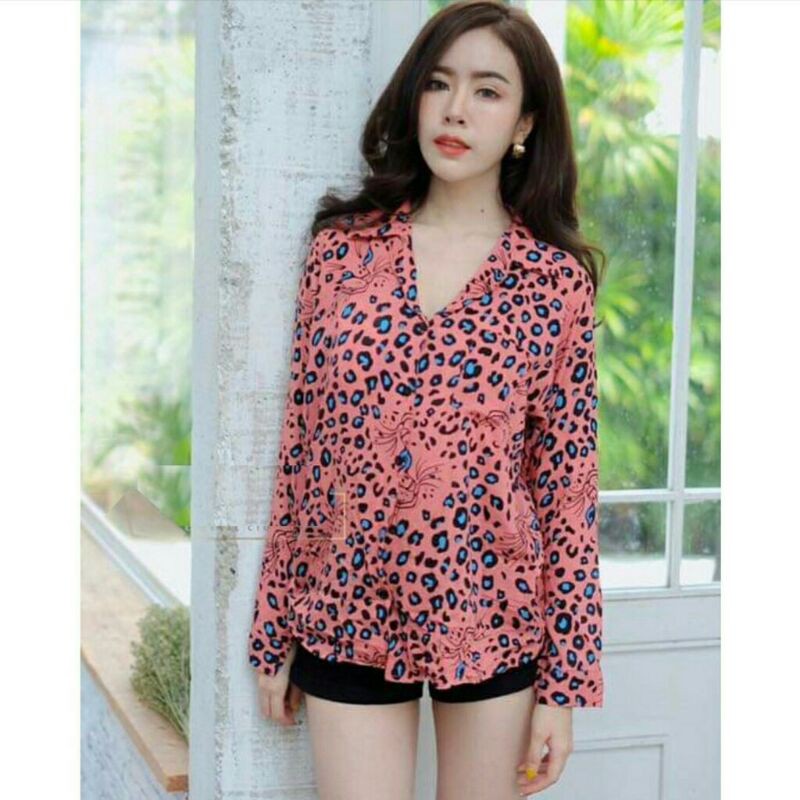 Rafa Blouse motif wanita import/ Baju atasan blouse wanita baju blouse motif leopard cewek kekinian
