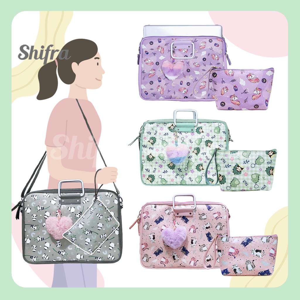 Shifra Tas Laptop Selempang Gagang Metal Tali Panjang Dino Panda Unicorn Cat Set Pouch