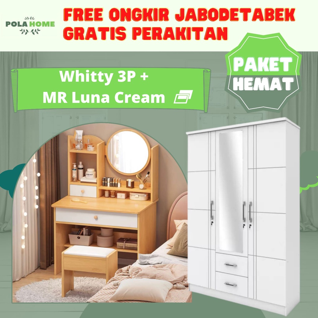 GRATIS ONGKIR + RAKIT Paket Hemat Furniture Ruang Kamar Lemari Pakaian 3Pintu dan Meja Rias