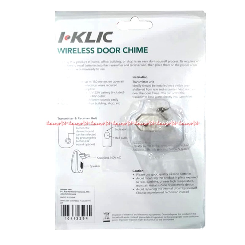 i-Klic Moztec Wireless Door Chime Bell Bel Tanpa Kabel Kotak Kecil Bel Pintu Wire Less Wairles Non Cable iklik iclick Jangkauan 150m 32ringtones Bel Pintu Wireles