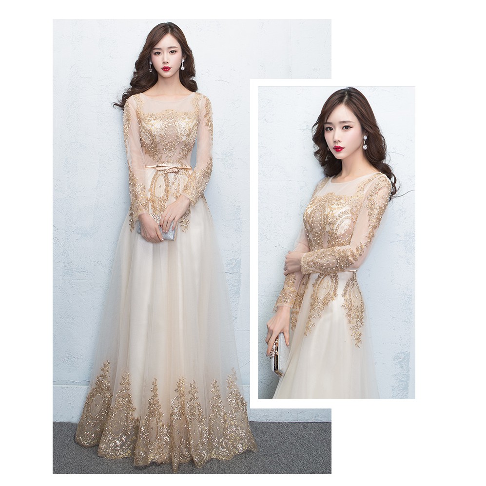 O-Neck Evening Dress Long Sleeves Robe De Soiree 2020 Tulle with Gold Applique Evening Dresses 1