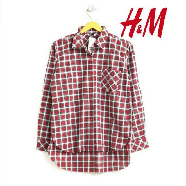  H M  flanel maroon kemeja wanita women Hnm basic shirt 