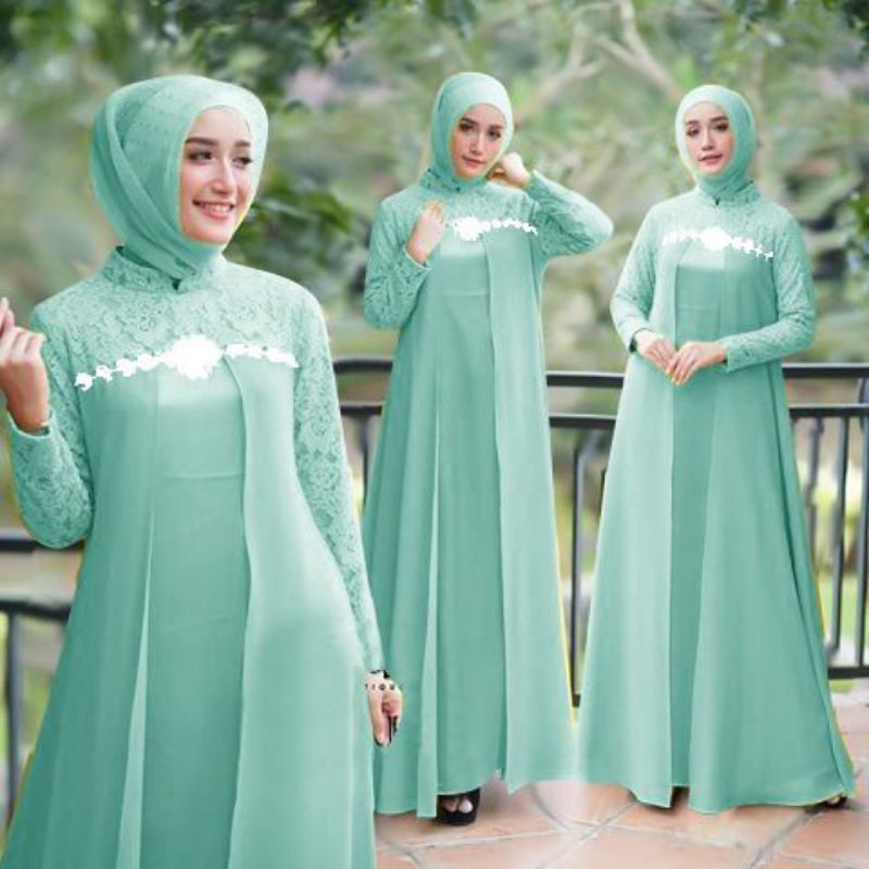 BAJU GAMIS MAXI MAXY DRESS S M L XL XXL JUMBO BROKAT BRUKAT RENDA KERANCANG KRANCANG LAPIS FURING MEWAH IMPORT PESTA NIKAHAN SERAGAMAN UMROH NAIK HAJI KONDANGAN BRIDESMAID IBU WANITA PEREMPUAN MUSLIM ERINA MAXI DRESS WARNA POLOS HIJAU IJO WARDAH