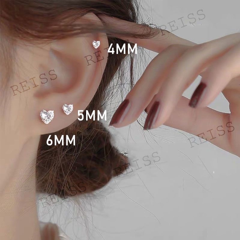 100% S999 Silver Earrings Berlian Hati Hypoallergenic kancing zirkon Anting Jarum Telinga Need Tongkat Dasar Sederhana Tindik Anting Helix  Harian Minimalis