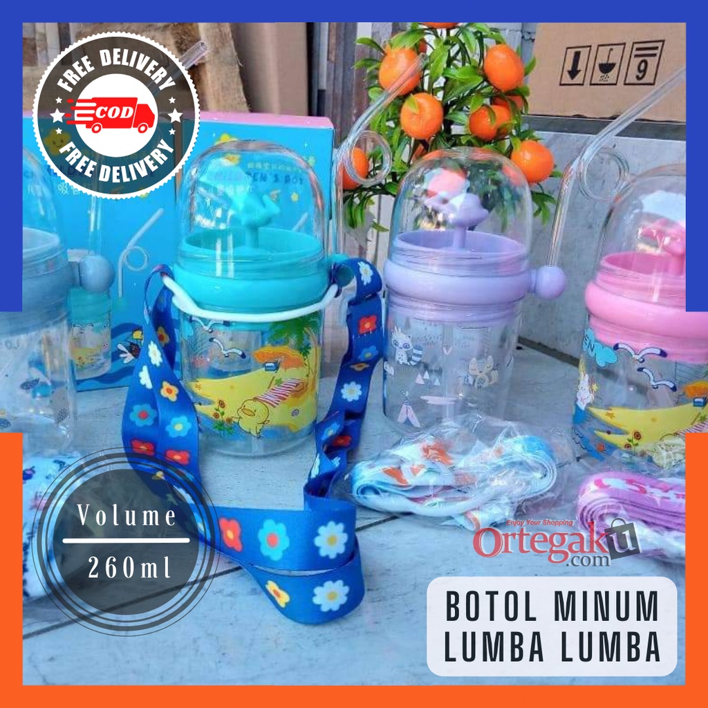 BOTOL MINUM ANAK KARAKTER LUMBA TALI PANJANG DAN SEDOTAN 260ml Bpa Free | Botol Minum Air Mancur Mot