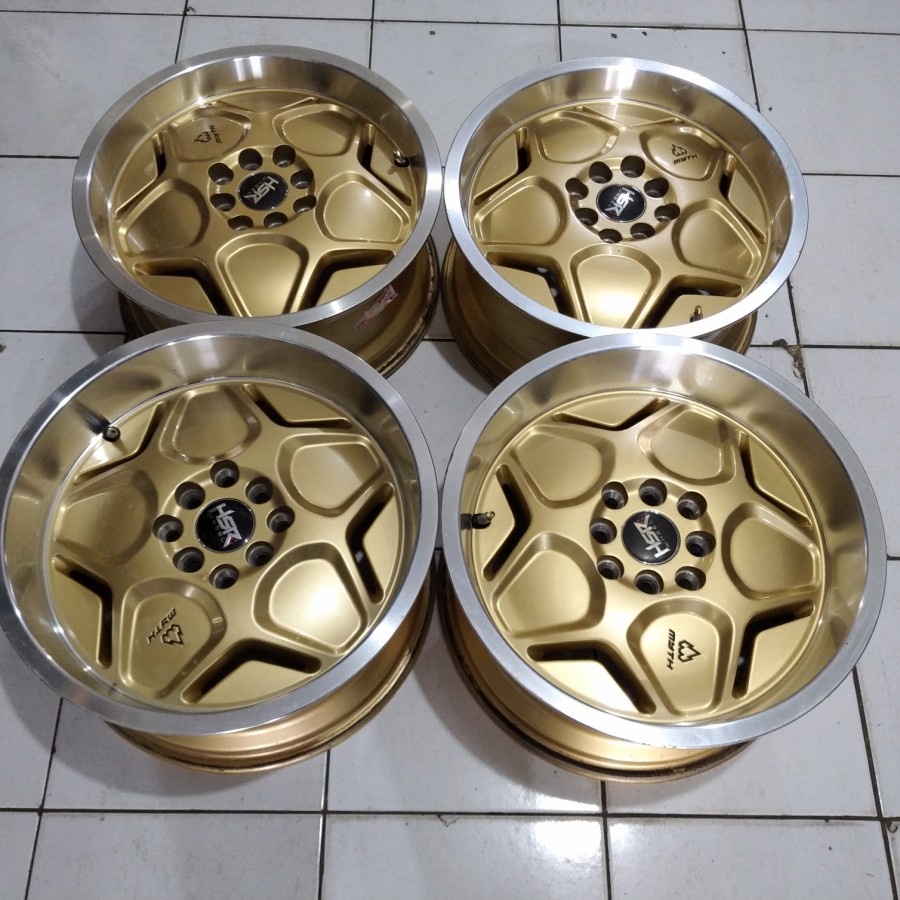 velg mobil bekas ring 16x7/8 model celong bibir lubang baut 8x100-114 warna gold merek hsr type myth