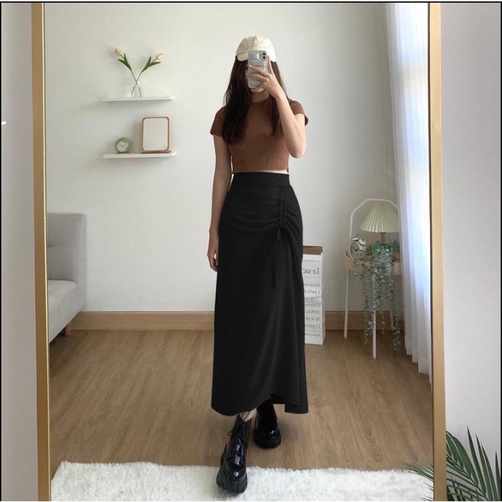 rok skirt korea/rok hitam panjang/rok wanita kekinian/Midi Maxi Skirt/Rok Serut Casual