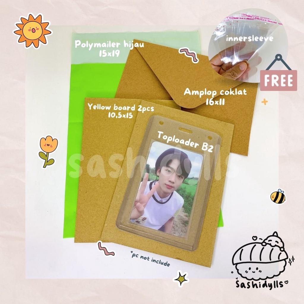 

ALAT PACKING PHOTOCARD ECOFRIENDLY SET [POLYMAILER + AMPLOP BUBBLE WRAP LOVE + GREY/YELLOW BOARD + TOPLOADER + INNERSLEEVE (POPCORN)]