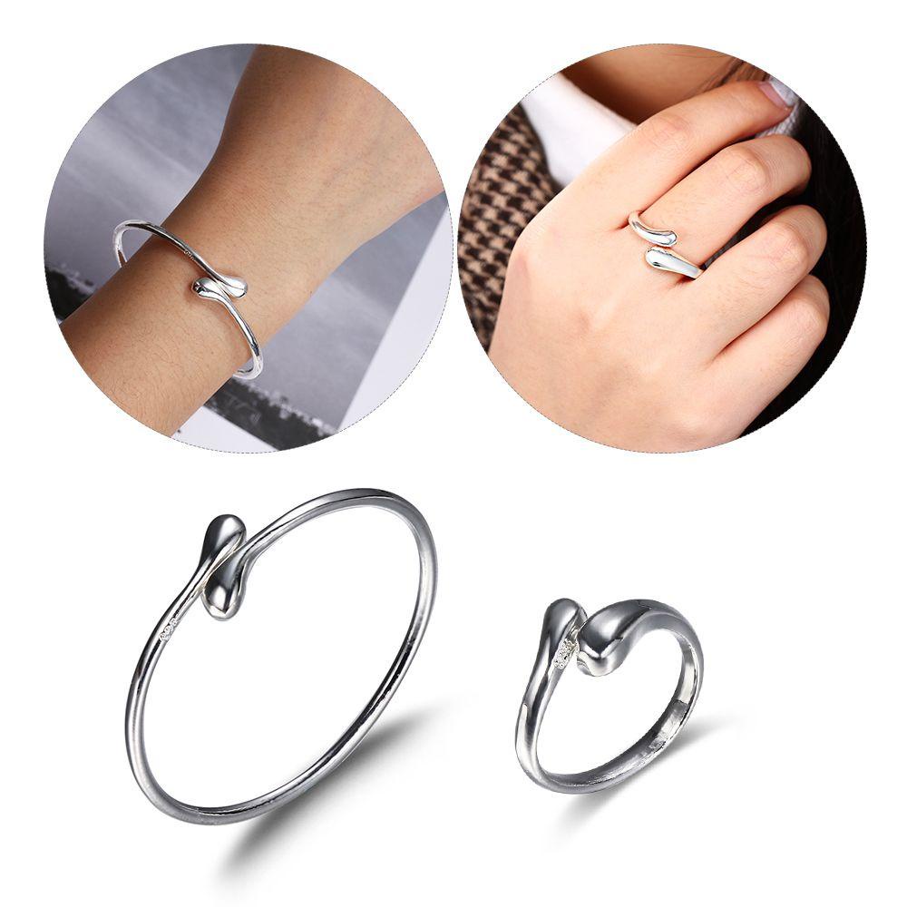 Solighter Set Perhiasan Adjustable Perak Kalung Cincin Terbuka Bangle