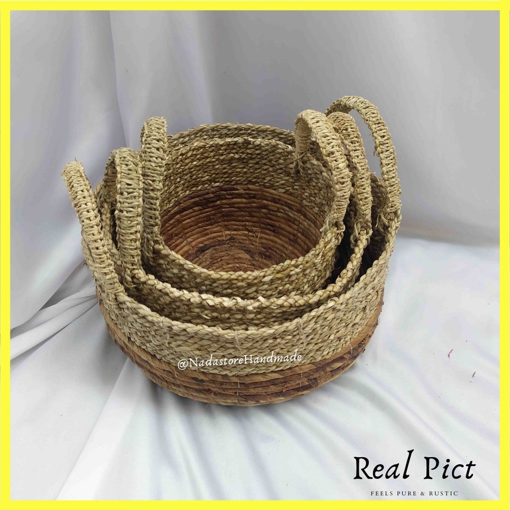 New Arrival Round Mini Bowl Basket With Handle Natural White Combination isi 3