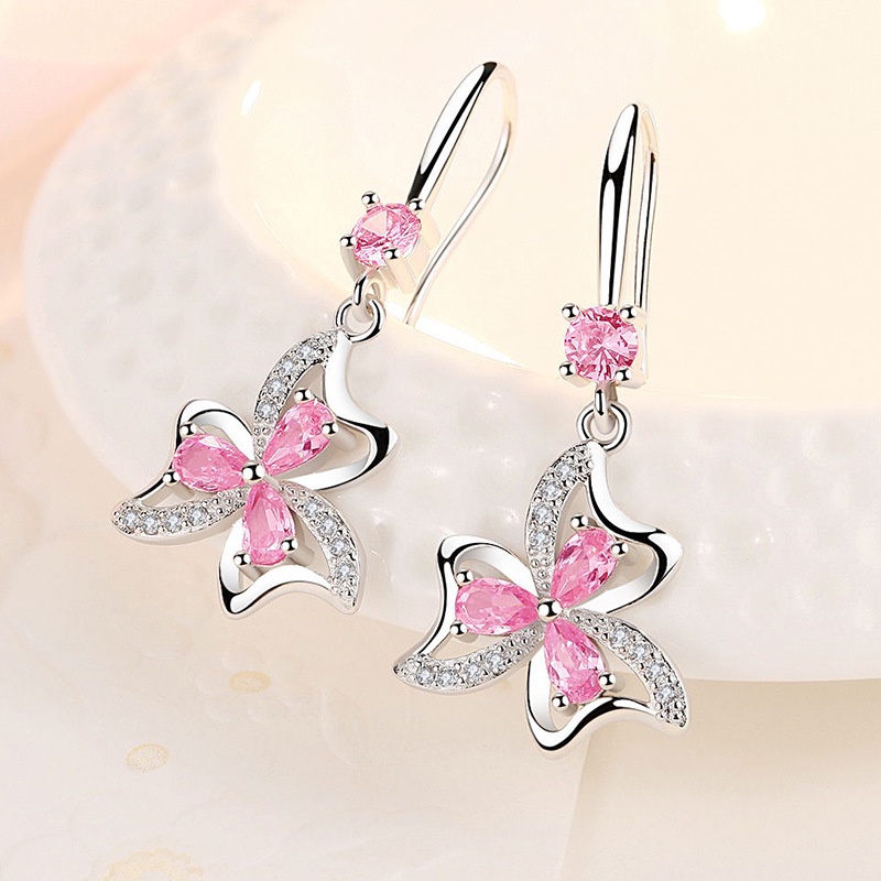 Butterfly set Kalung Anting Cincin Bentuk Kupu-Kupu Bunga pink Aksen Berlian Zirkon