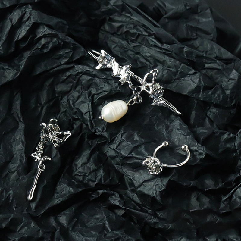 3pcs / Set Anting Stud Desain Kupu-Kupu Mutiara Warna Silver Gaya Vintage Korea Untuk Wanita