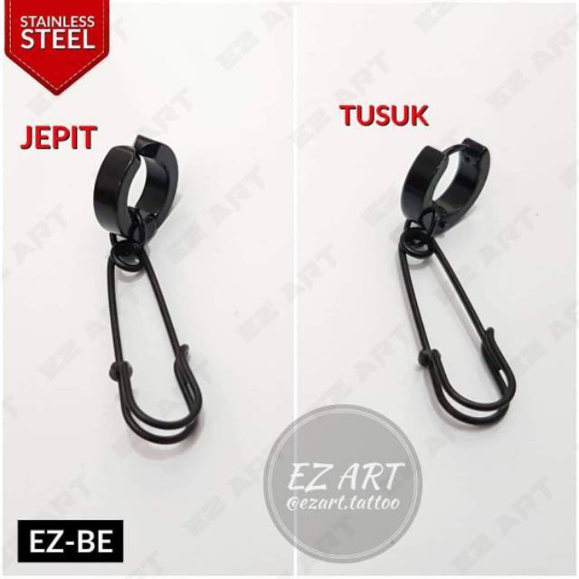 1Pc Model EZ-BE Black Hitam Anting Pria Wanita Jepit/Tusuk Variasi Bandul Peniti Punk Korea KPOP