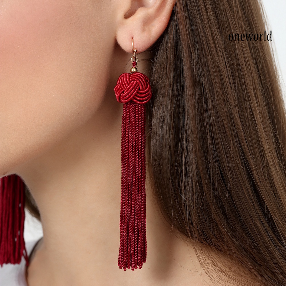 OW@ Bohemian Women Woven Knot Long Tassel Dangle Hook Earrings Statement Jewelry