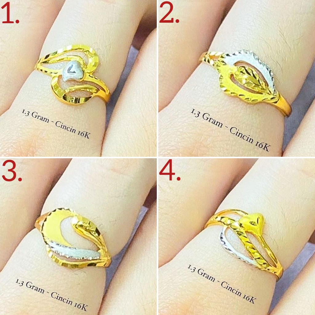 Cincin anak dan dewasa emas asli kadar 700 70 16k kombinasi 2 warna putih kilat mix gold doff ukir lebar love wave daun ringan 1 satu gram gr g terbaru nomor no 10 11 12 13 14 15 16 17