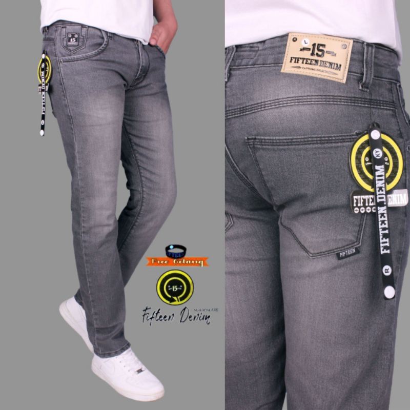 Celana Pria Jeans Premium Original Fifteen Denim Plain Black Jeans Strech Karet Ngaret