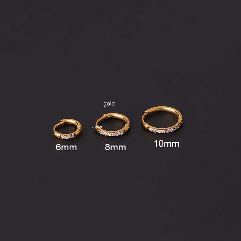 1pc Anting Hoop Bahan Stainless Steel Dengan Zircon Ukuran 6 / 8 / 10mm