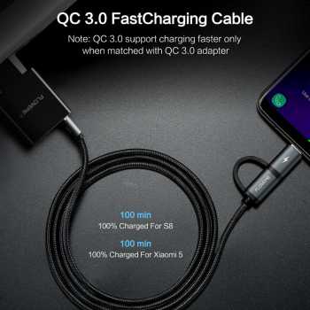 Kabel Casan Type C Charger 2 in 1 Micro USB+USB Type C QC3.0 2.8 A 100 cm