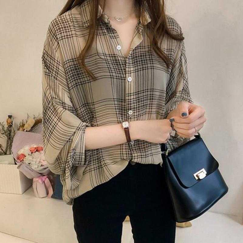 Kemeja Wanita Casual Lengan Panjang Model Longgar Motif Kotak-Kotak KoreaStyle Atasan M-3XL-3